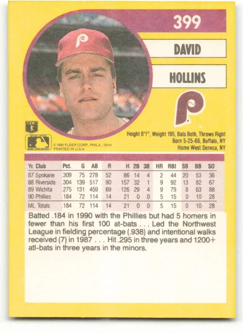 Vintage 1991 Dave Hollins Philadelphia Phillies Baseball Card #399 UER NM-MT