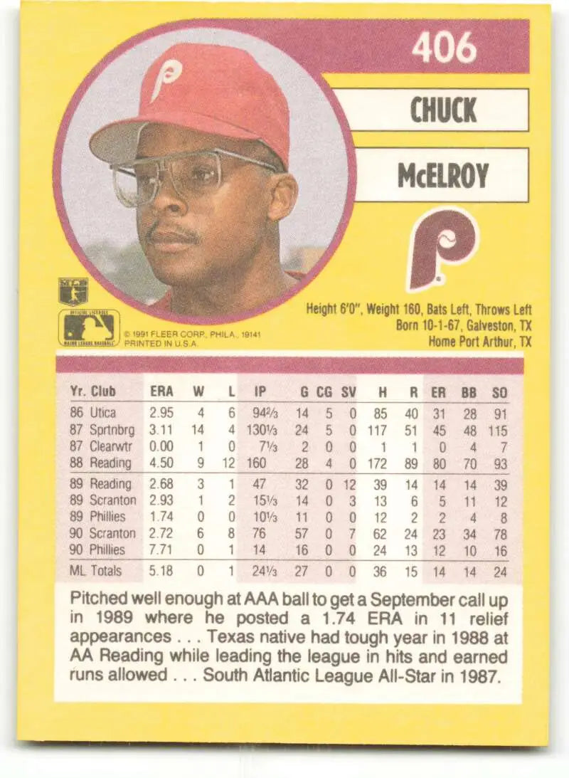 Baseball card of Chuck McElroy wearing glasses and a red cap for Philadelphia Phillies