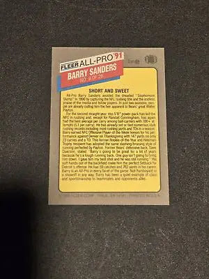 Barry Sanders football card from 1991 Fleer #9 Barry Sanders All-Pro collection