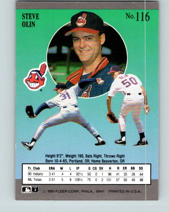 Baseball card of Steve Olin UER in Cleveland Indians uniform #50 with action poses
