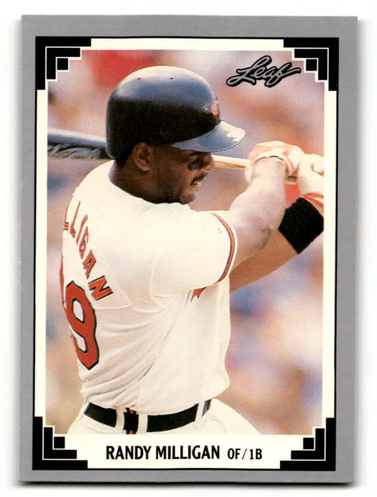 Randy Milligan at bat in white uniform on Baltimore Orioles baseball card