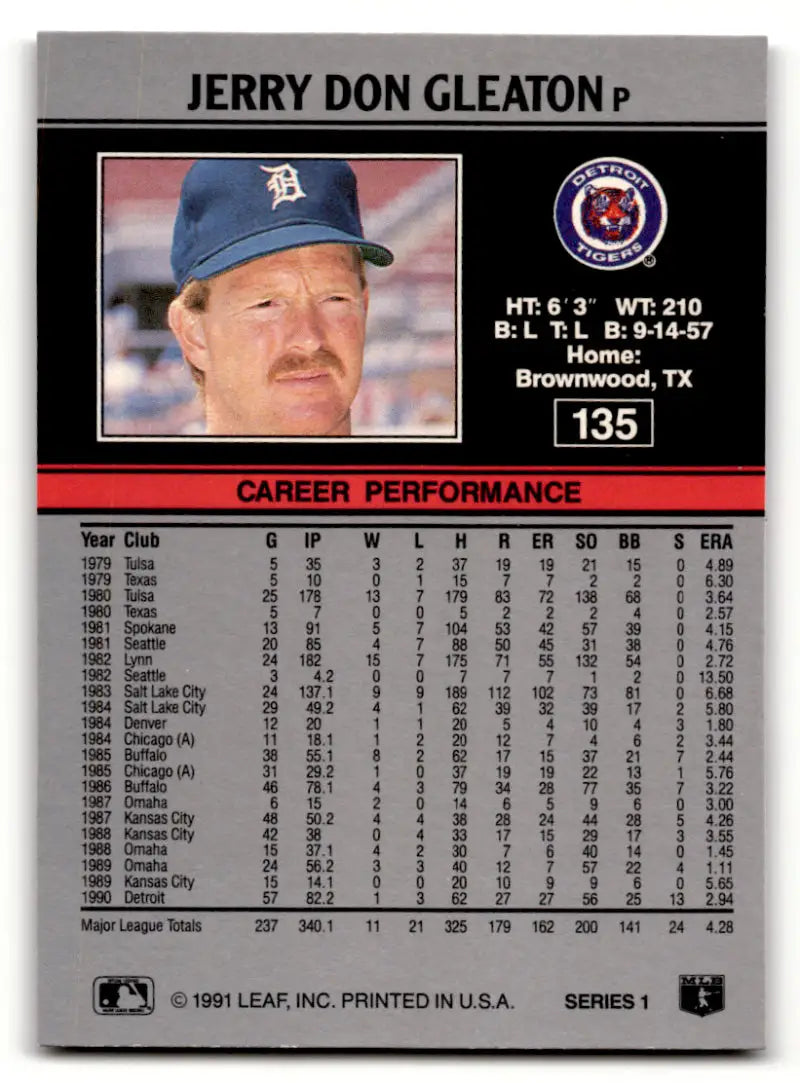 1991 Leaf Jerry Don Gleaton Baseball Card featuring Detroit Tigers career statistics