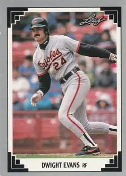 Baseball card of Dwight Evans in gray Orioles uniform swinging at bat