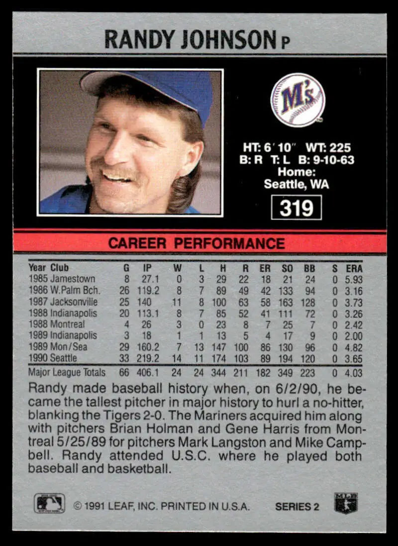 Randy Johnson Seattle Mariners baseball card featuring smiling player with stats
