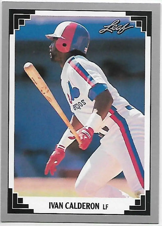 Ivan Calderon at bat in a white Montreal Expos uniform on 1991 Leaf baseball card