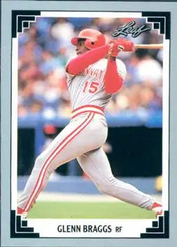 Baseball card of Glenn Braggs in batting stance for Cincinnati Reds, number 15