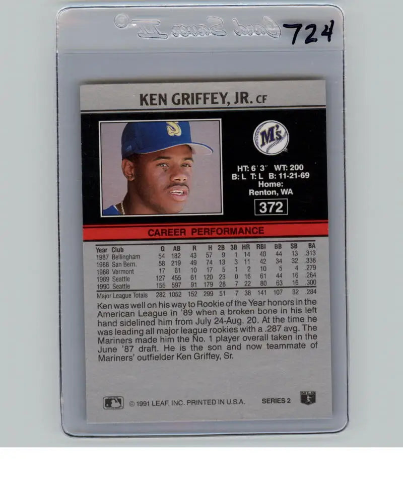 Ken Griffey Jr. 1991 Leaf baseball card in protective plastic case, Seattle Mariners