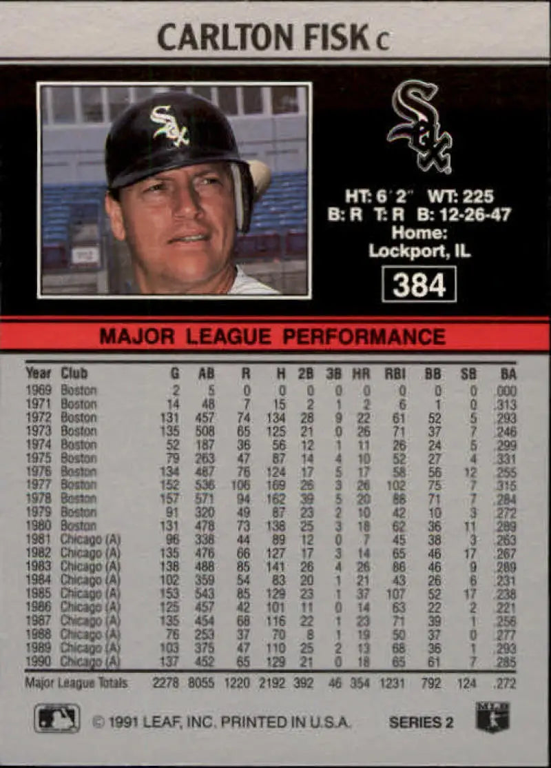 Baseball card featuring Carlton Fisk in Chicago White Sox cap and uniform