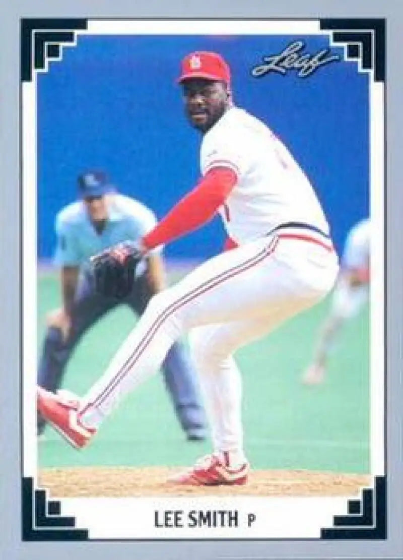Lee Smith delivering a pitch in St. Louis Cardinals uniform on a baseball card