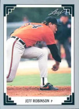 Baseball pitcher Jeff Robinson in orange Baltimore Orioles uniform on mound