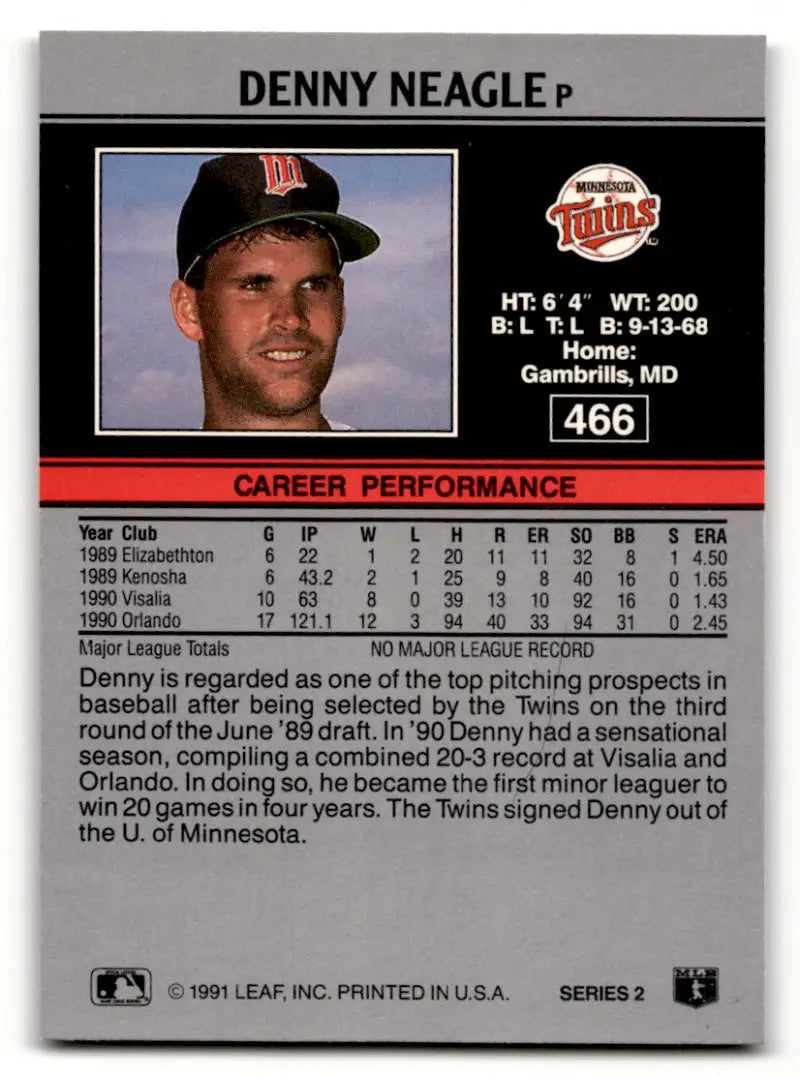 Baseball card of Denny Neagle, Minnesota Twins player with stats and biography