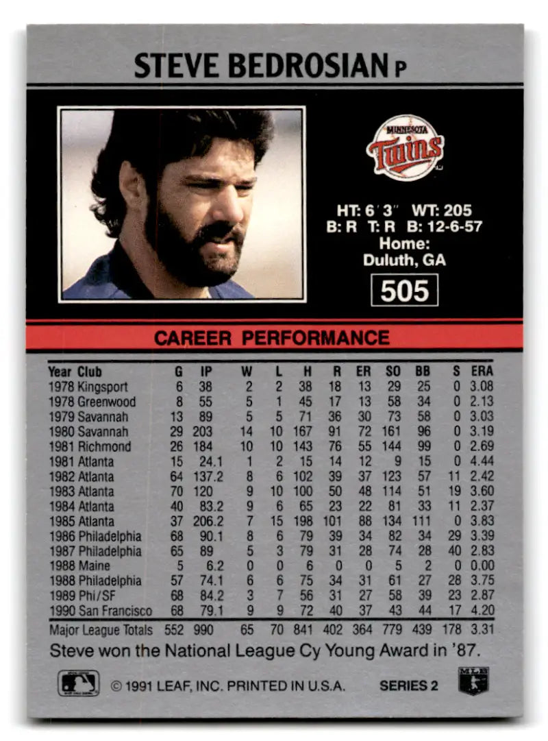 1991 Leaf #505 Steve Bedrosian Baseball Card showcasing Minnesota Twins career statistics