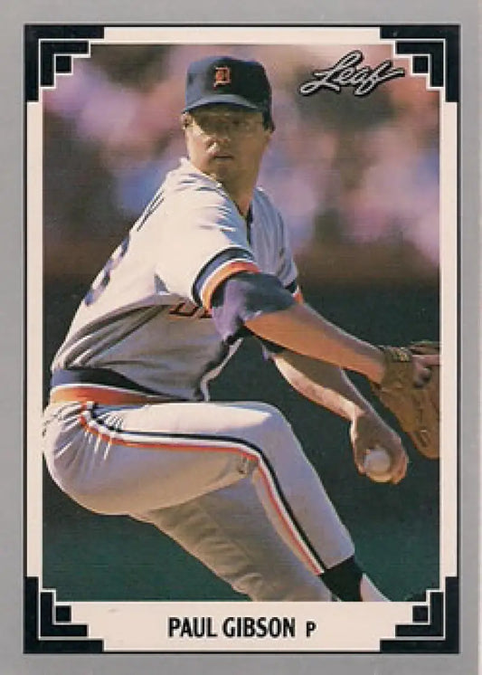 Paul Gibson in pitching motion for Detroit Tigers on 1991 Leaf baseball card