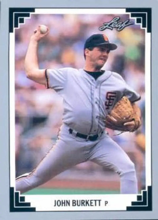 Baseball card of John Burkett pitching in San Francisco Giants white uniform