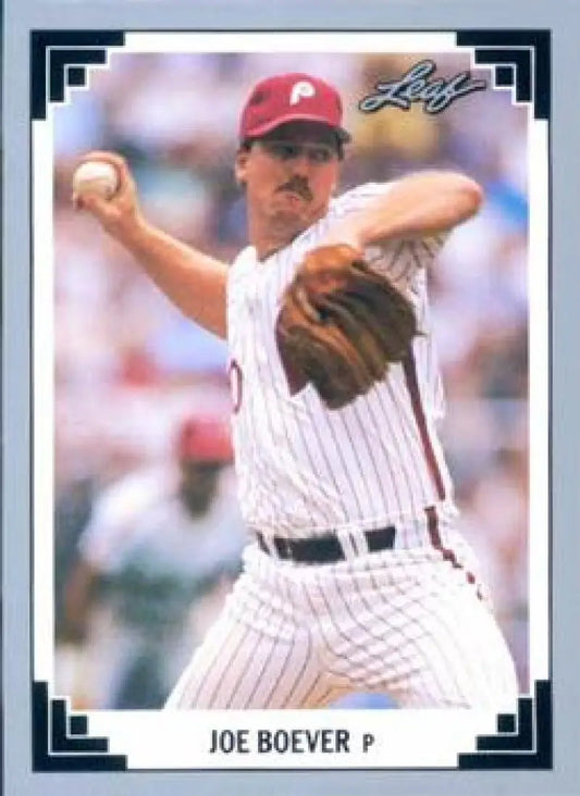 Joe Boever in Philadelphia Phillies pinstripe uniform throwing a pitch on baseball card