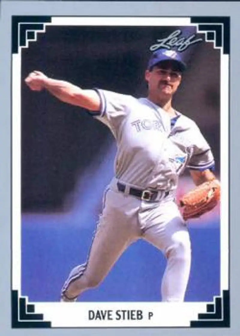 Baseball player in white Toronto Blue Jays uniform throwing pitch on 1991 Dave Stieb card