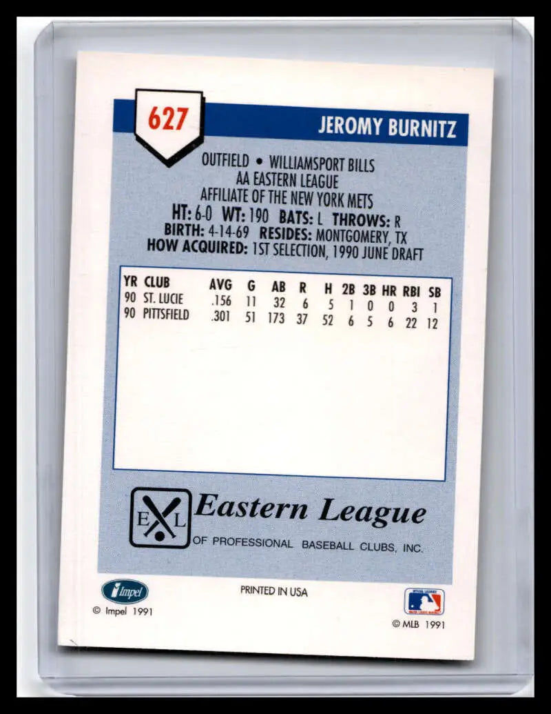 1991 Line Drive Baseball Card featuring Jeromy Burnitz Eastern League statistics