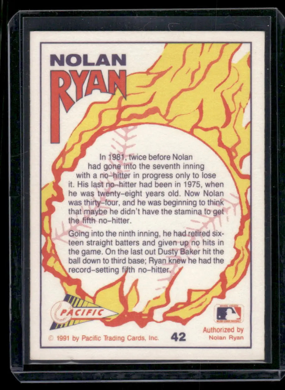 Baseball card of Nolan Ryan showcasing his no-hitter achievements from 1991 Pacific Nolan Ryan series