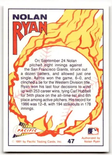 Back of 1991 Pacific Ryan Texas Express I baseball card featuring Nolan Ryan Astros win division