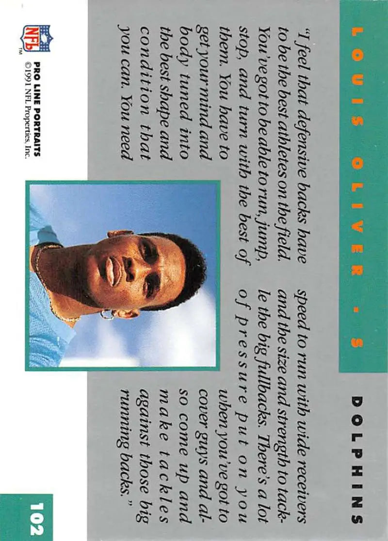 1991 Pro Line Portraits #102 Louis Oliver Miami Dolphins Football Card with teal border