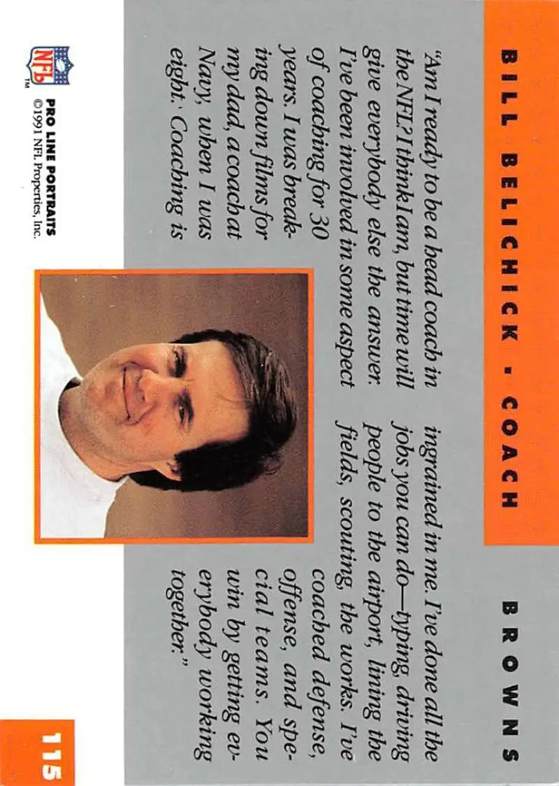 Headshot of Bill Belichick with orange background on 1991 Pro Line Portraits rookie card
