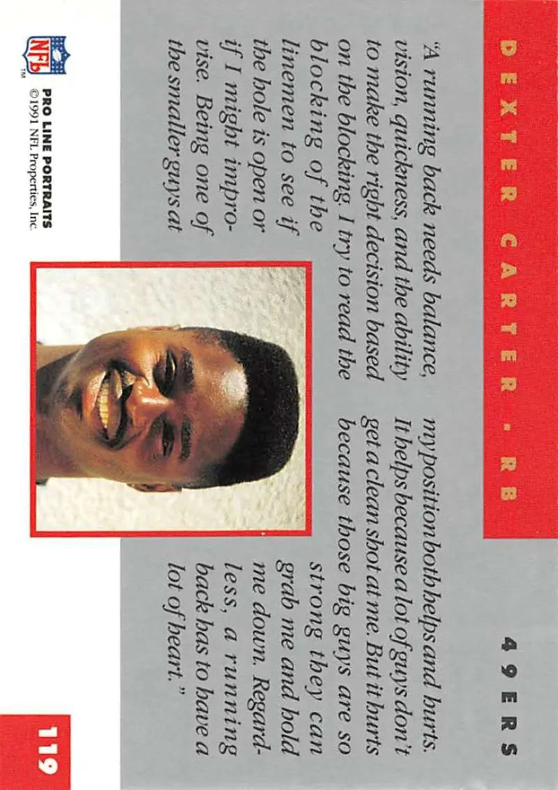 1991 Pro Line Portraits #119 Dexter Carter San Francisco 49ers Football Card with red borders