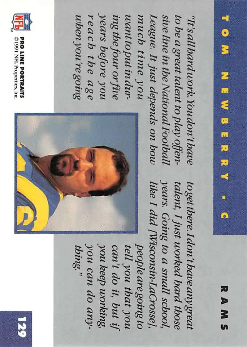 NFL trading card of Tom Newberry from the Los Angeles Rams 1991 Pro Line Portraits series