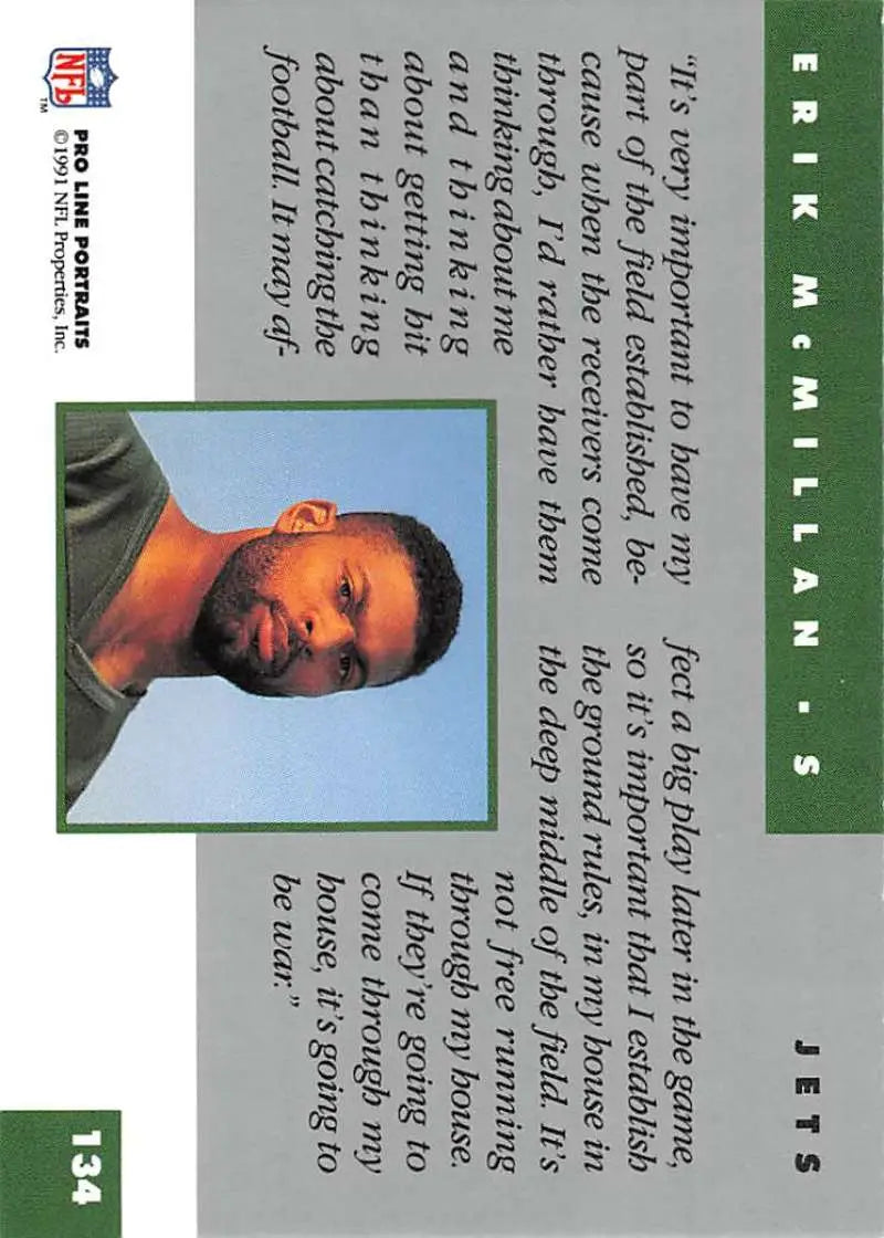 1991 Pro Line Portraits Erik McMillan Football Card with green border details