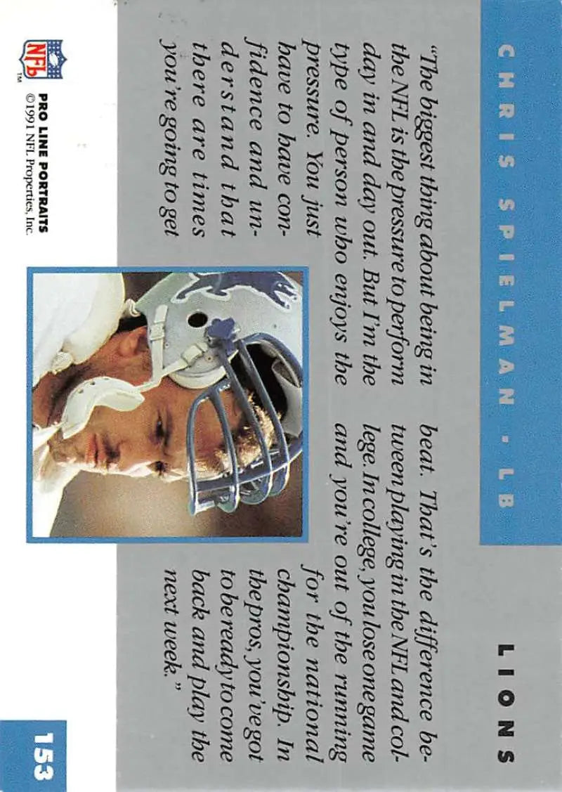 Football trading card of Chris Spielman in Detroit Lions helmet for Pro Line collection