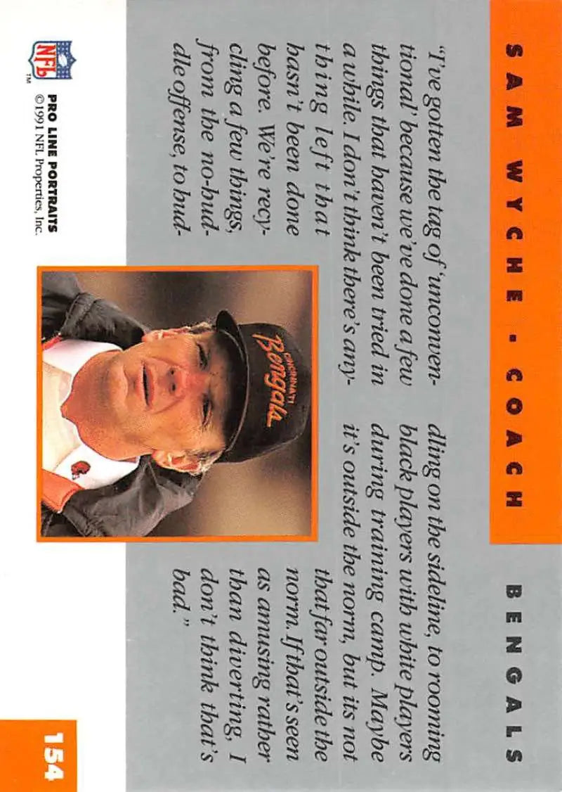 Baseball card featuring Sam Wyche from Pro Line Portraits with orange borders