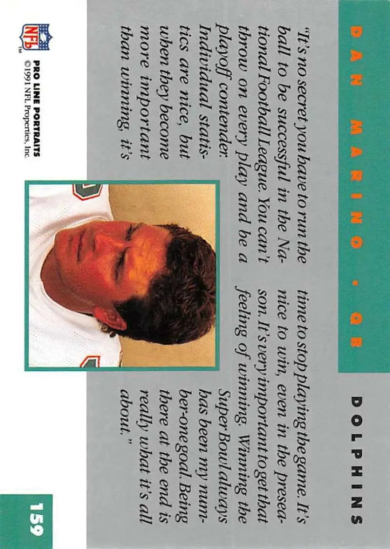 1991 Pro Line Portraits Dan Marino football card with green border and details
