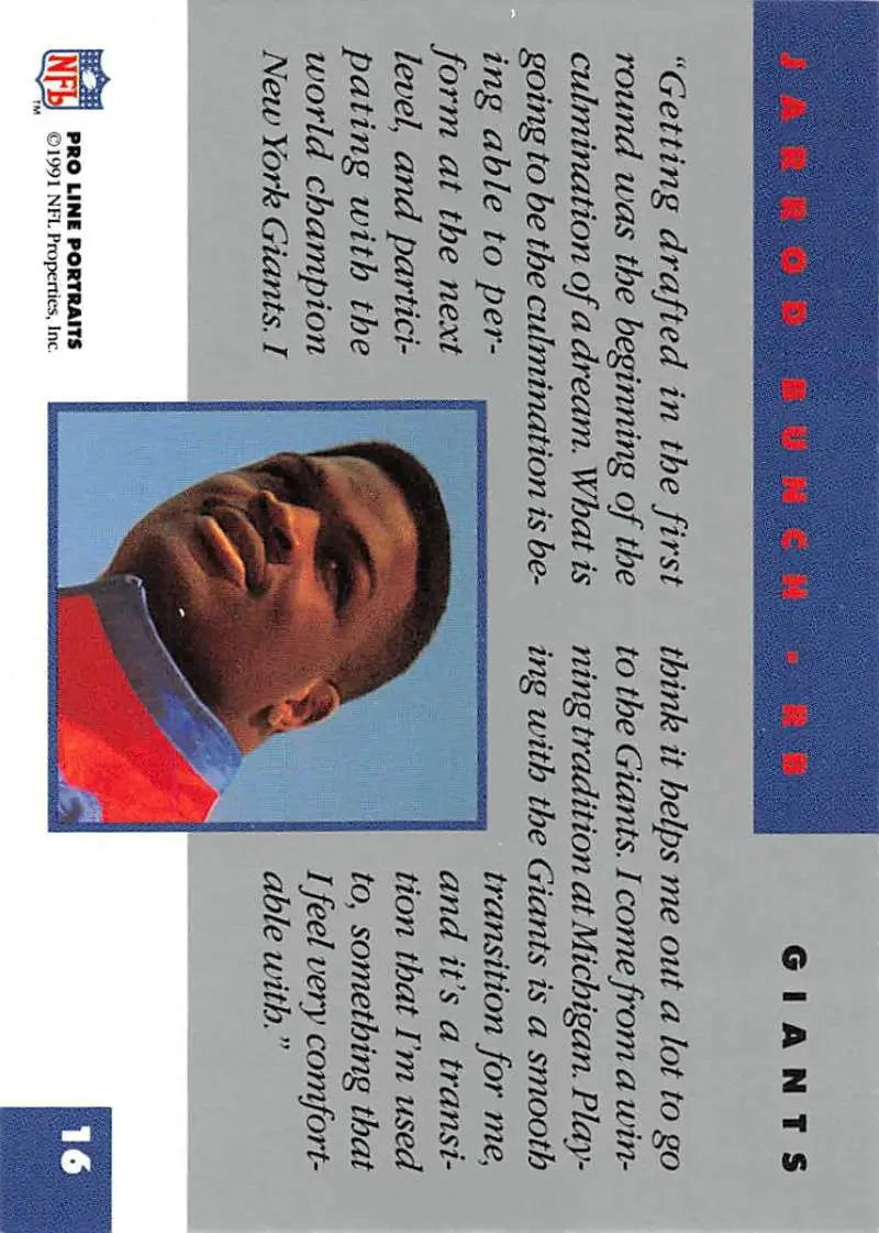 NFL trading card featuring Jarrod Bunch from Pro Line for New York Giants collectors