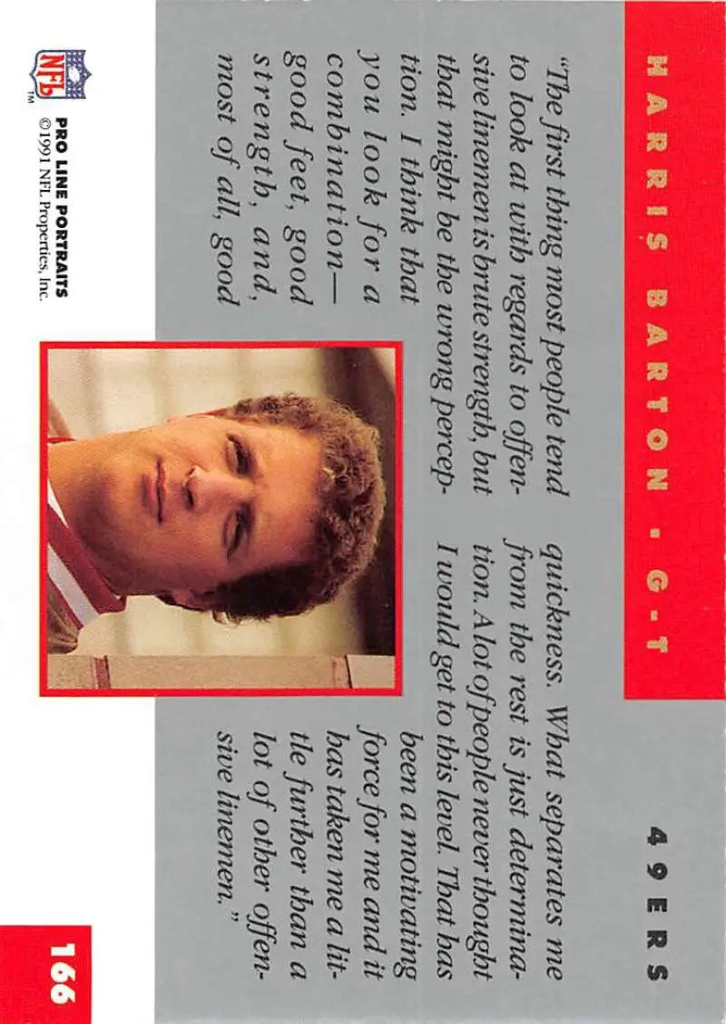 1991 Pro Line Portraits #166 Harris Barton San Francisco 49ers Football Card with red borders