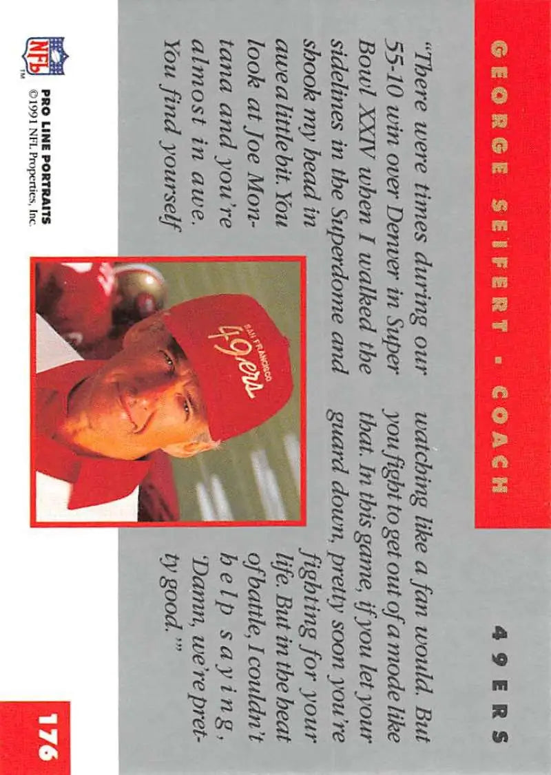 Red baseball card of George Seifert from Pro Line Portraits for San Francisco 49ers