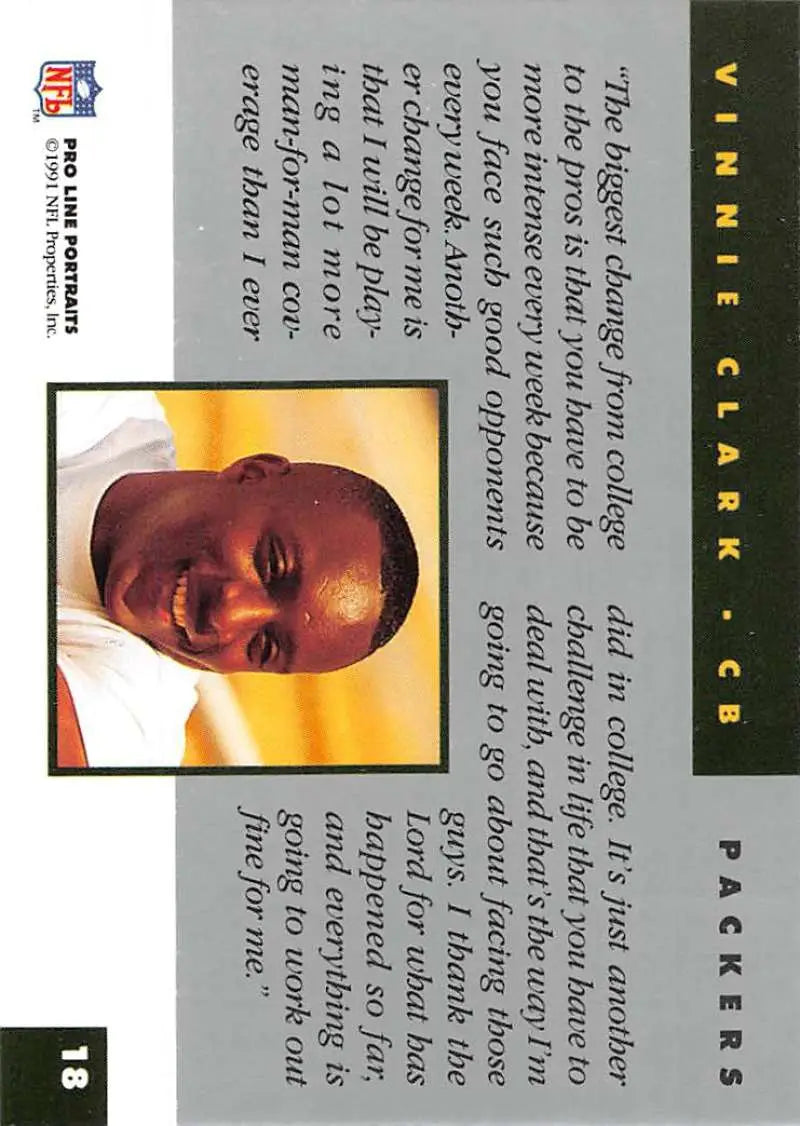 Vinnie Clark 1991 Pro Line Portraits Rookie Football Card with green and black design