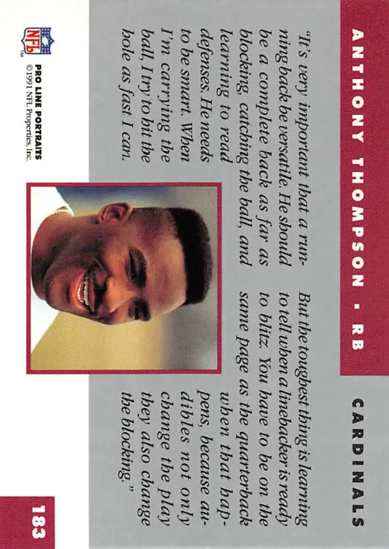 Trading card featuring Anthony Thompson from the Pro Line Portraits Phoenix Cardinals set