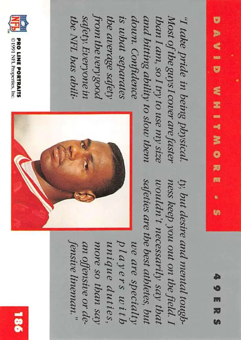 Trading card featuring David Whitmore of the San Francisco 49ers in red and gray design