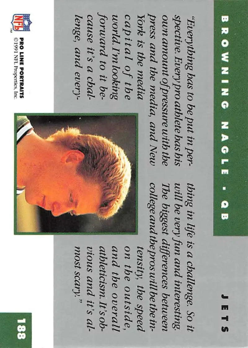 Trading card featuring Browning Nagle with green border from Pro Line Portraits, New York Jets