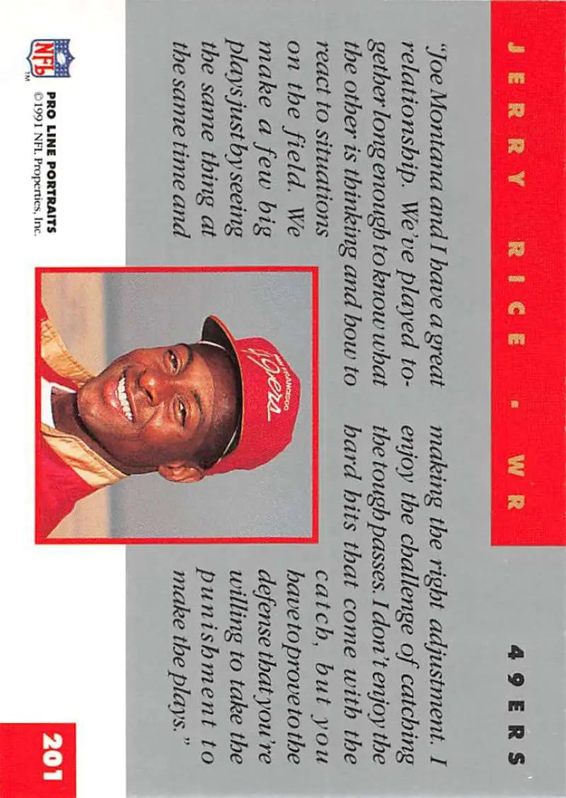 Baseball card of Jerry Rice in red cap and uniform for San Francisco 49ers collectors