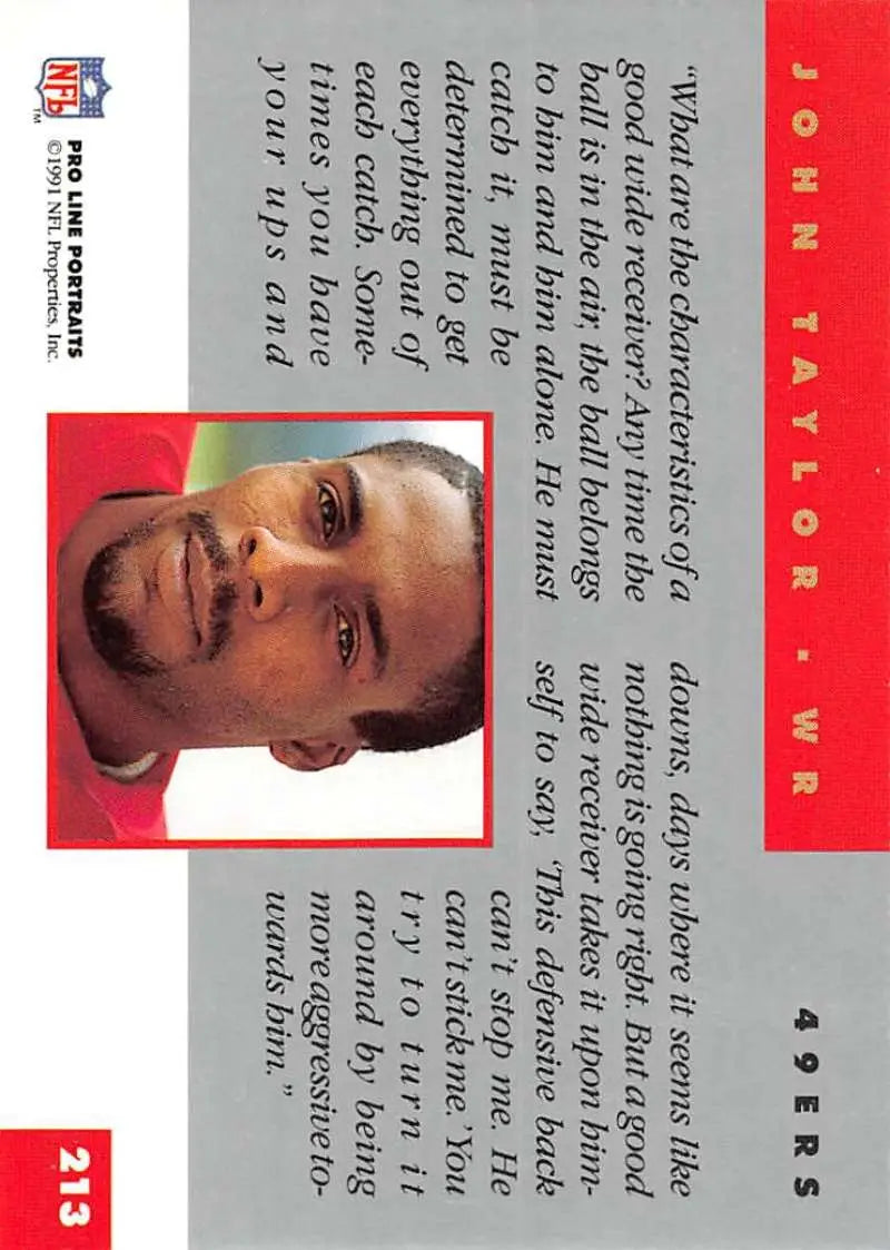 Red and gray NFL trading card of John Taylor, San Francisco 49ers, from 1991 Pro Line Portraits