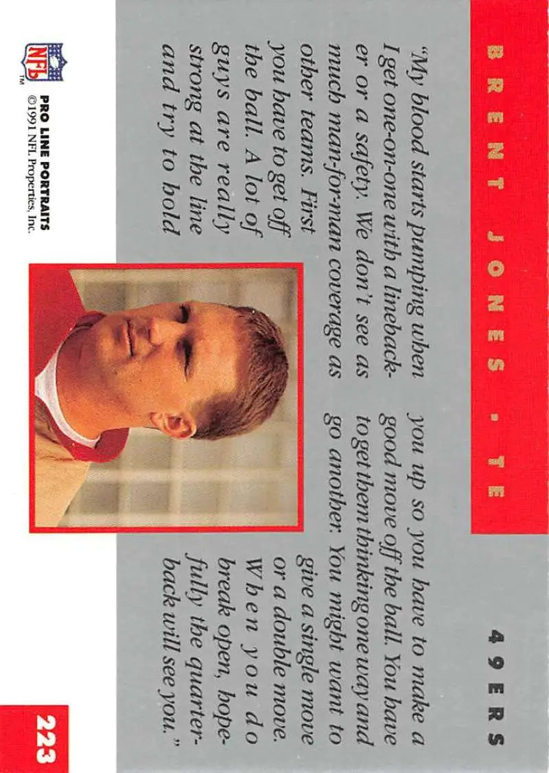 Trading card featuring Brent Jones in red and gray design for San Francisco 49ers