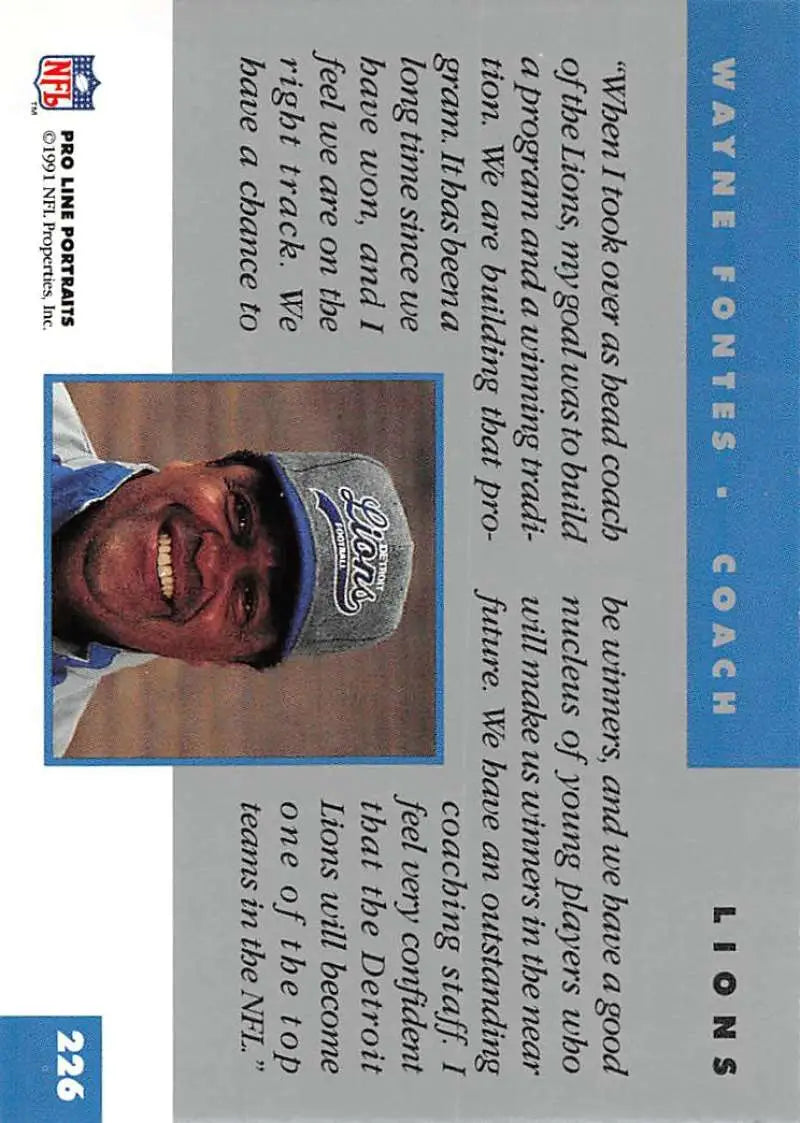 Football card of Wayne Fontes with a blue border and Detroit Lions cap smiling