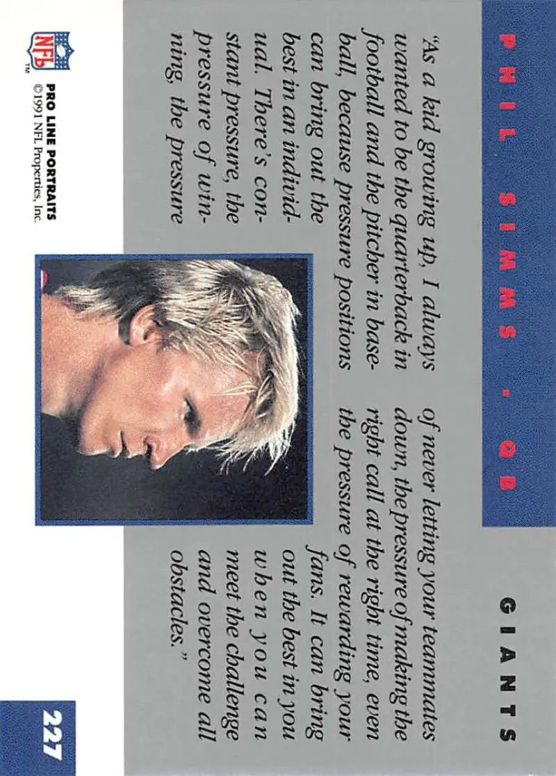 Phil Simms 1991 Pro Line Portraits card featuring a close-up profile with spiked hair