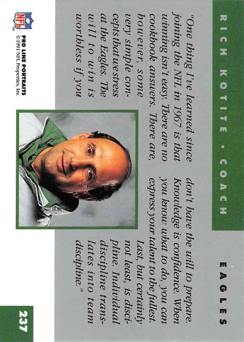 Rich Kotite 1991 Pro Line Portraits Football Card with green border and white text