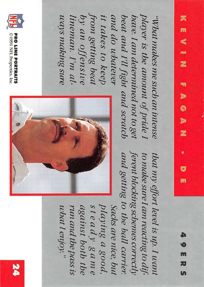 Red and gray sports trading card featuring Kevin Fagan of the San Francisco 49ers
