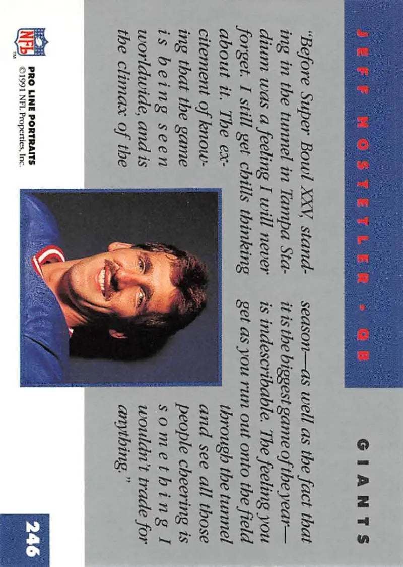 Jeff Hostetler Football Card in Blue Uniform for New York Giants 1991 Pro Line Portraits