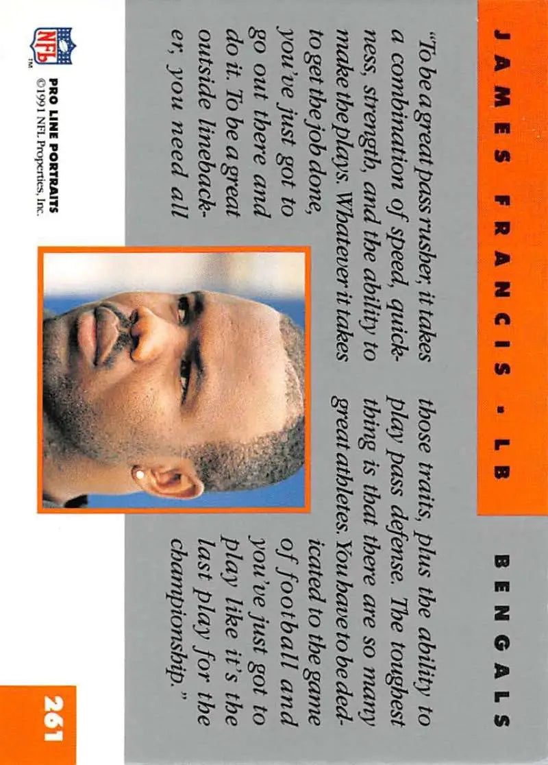 NFL trading card of James Francis featuring orange border for Cincinnati Bengals Pro Line Portraits