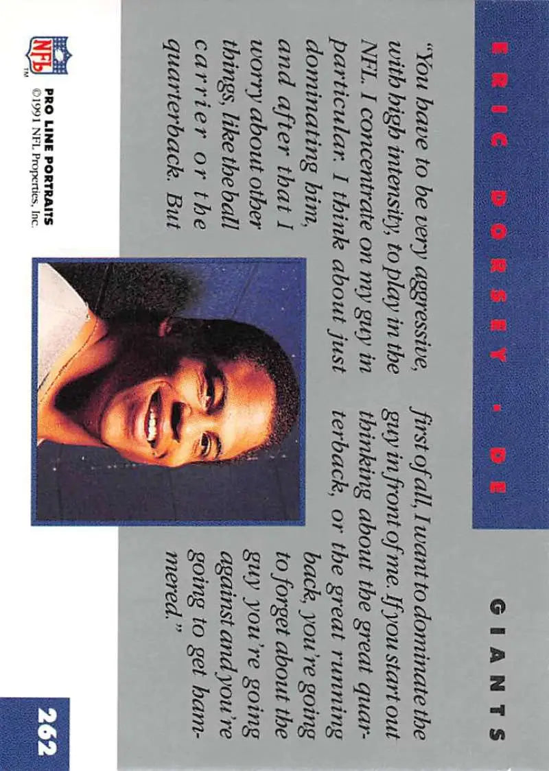 Blue-bordered 1991 Pro Line Portraits football card featuring Eric Dorsey of the New York Giants