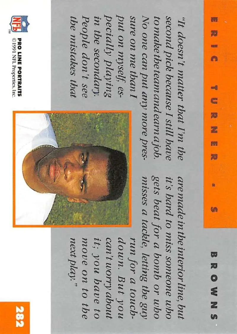 1991 Pro Line Portraits #282 Eric Turner Cleveland Browns football card with orange border