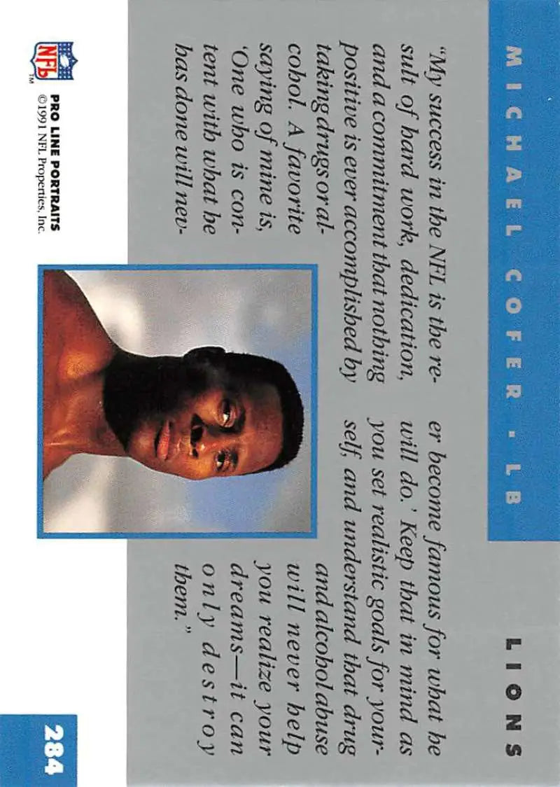 1991 Pro Line Portraits football card featuring Michael Cofer of the Detroit Lions